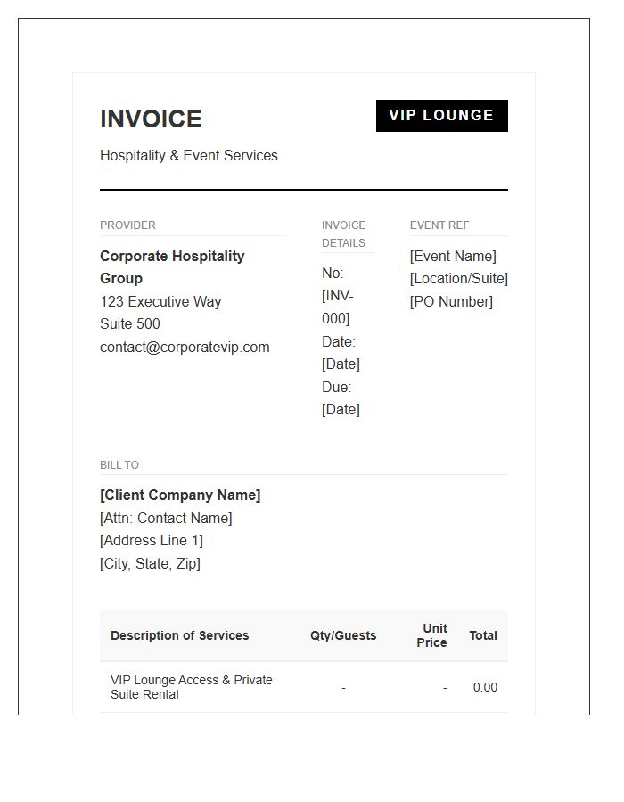 Corporate VIP Lounge Hospitality Invoice Template