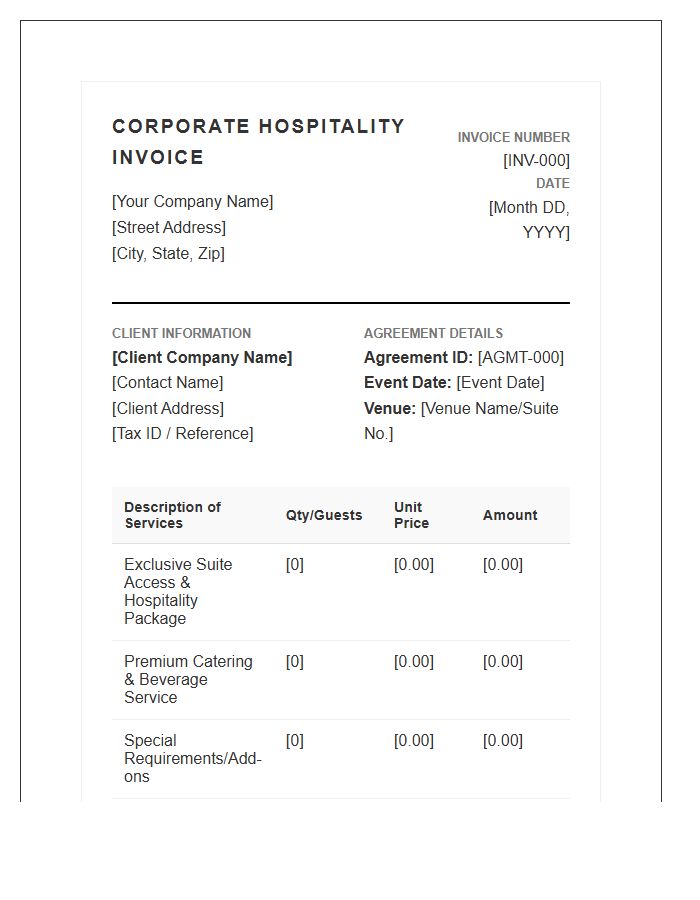 Exclusive Corporate Hospitality Agreement Invoice Template