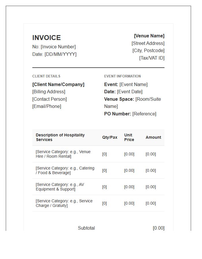 Official Venue Hospitality Provision Invoice Template