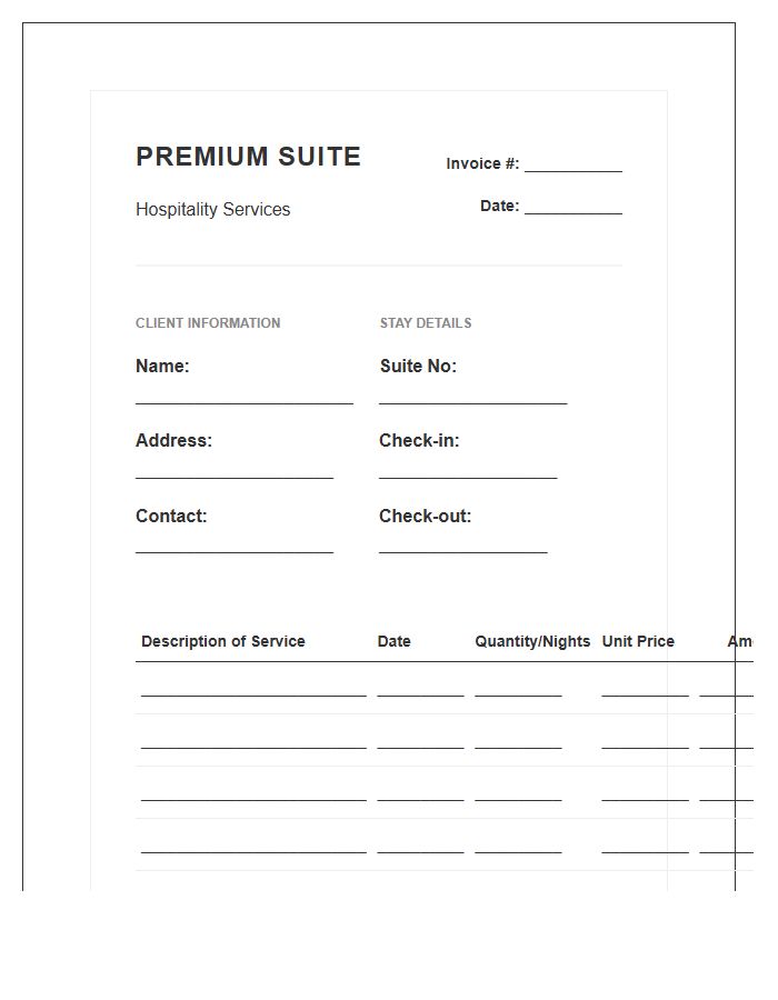 Premium Suite Hospitality Service Invoice Template