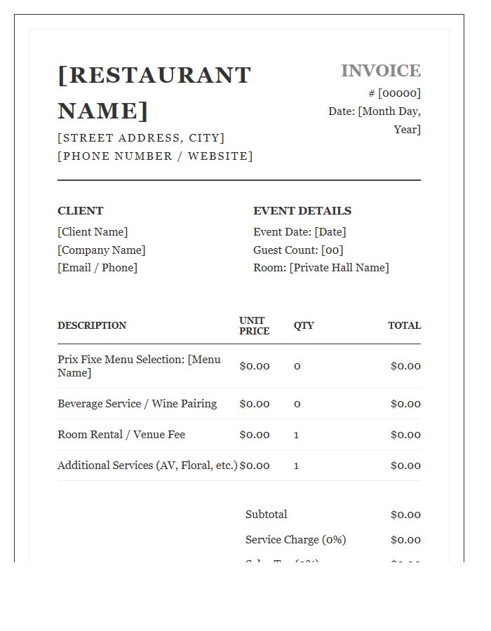 Boutique Restaurant Private Party Invoice Template