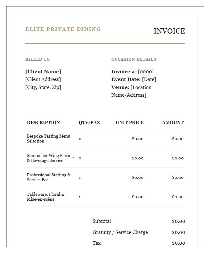 Elite Private Dining Occasion Invoice Template