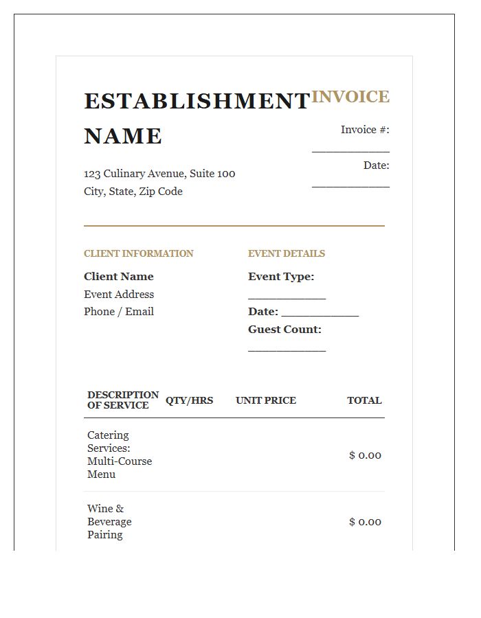 Fine Dining Event Services Invoice Template