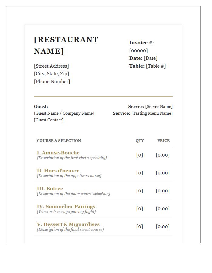 Gourmet Restaurant Multi-Course Dinner Invoice Template