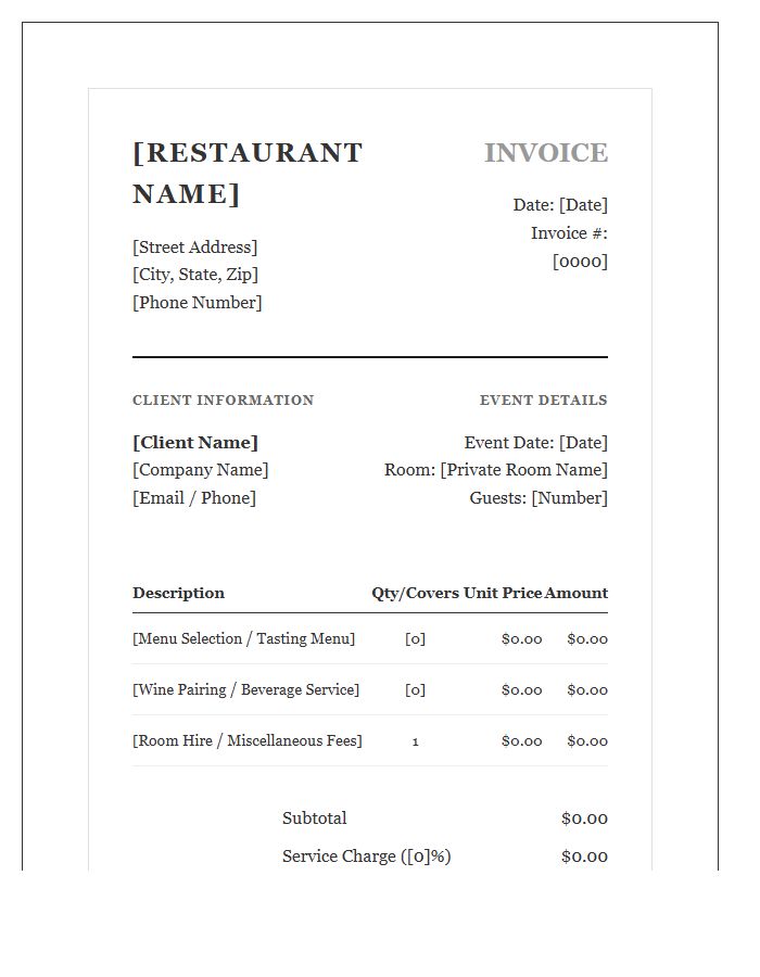 Gourmet Restaurant Private Dining Invoice Template