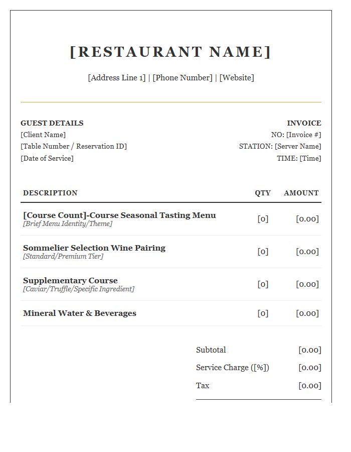 Gourmet Restaurant Tasting Menu Invoice Template