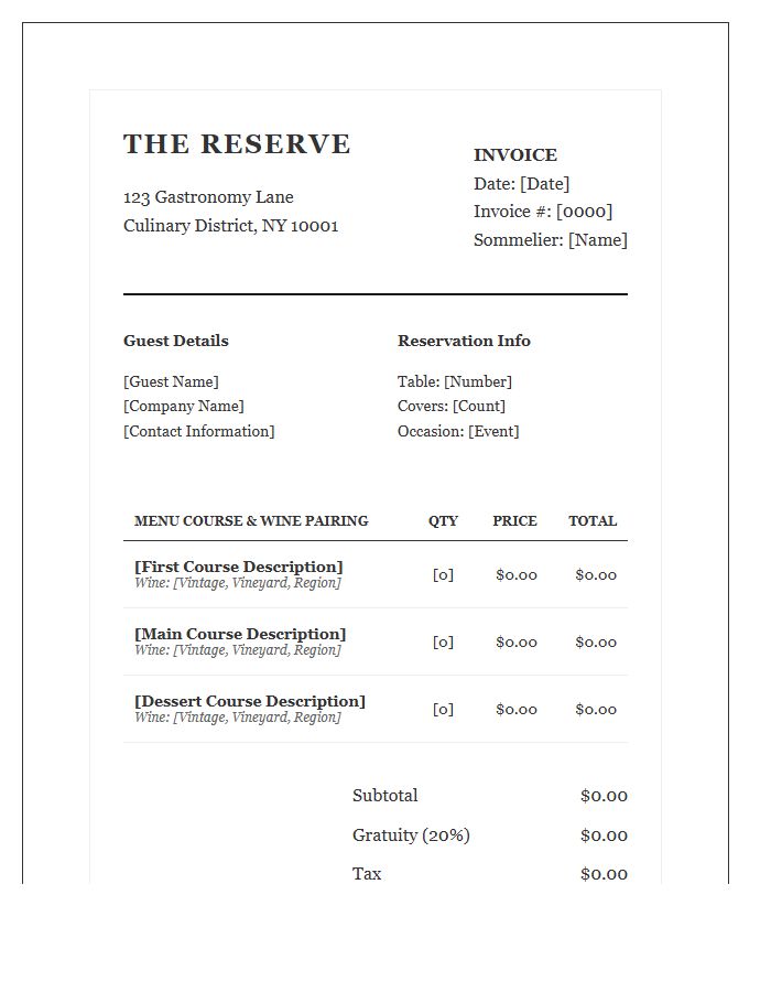Gourmet Restaurant Wine Pairing Invoice Template