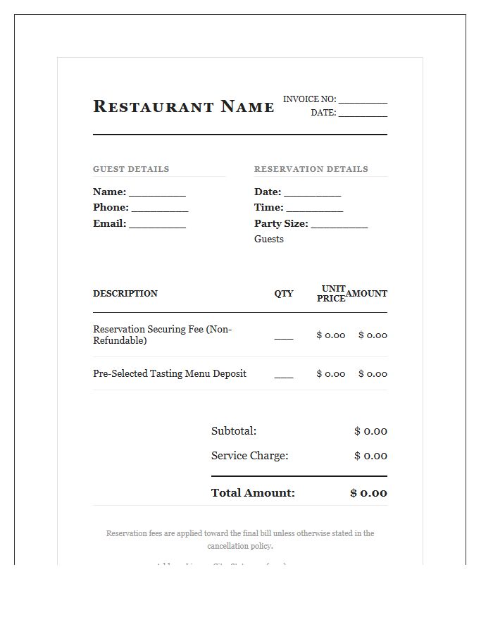 High-End Dining Reservation Fee Invoice Template