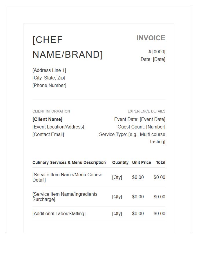 Private Chef Culinary Experience Invoice Template