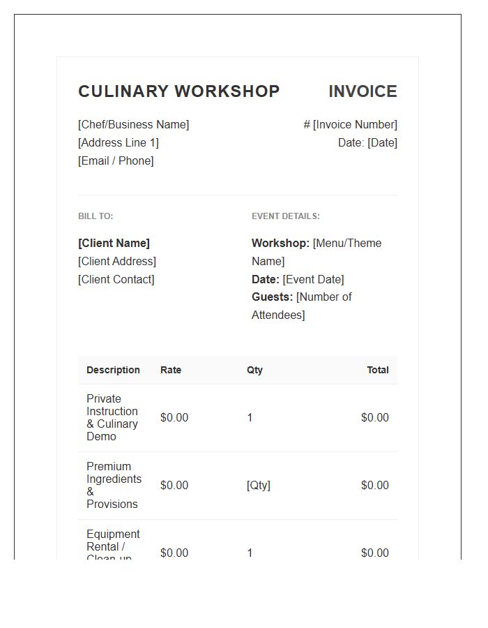 Private Culinary Workshop Invoice Template