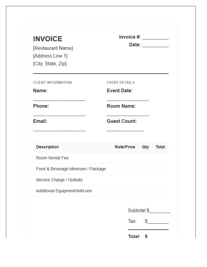 Private Dining Room Booking Invoice Template