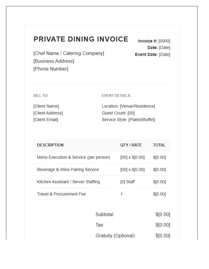Professional Private Dining Service Invoice Template