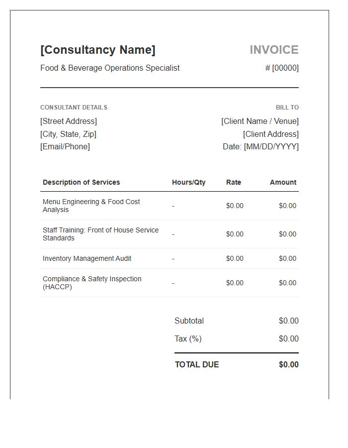 Food And Beverage Operations Consulting Invoice Template