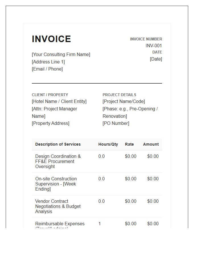 Hospitality Project Management Consulting Invoice Template