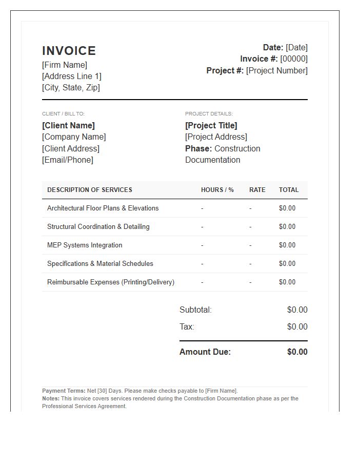 Construction Documentation Architectural Invoice Template