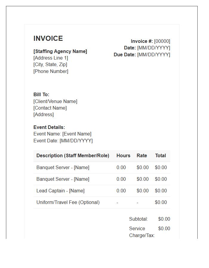 Banquet Server Hospitality Staffing Invoice Template