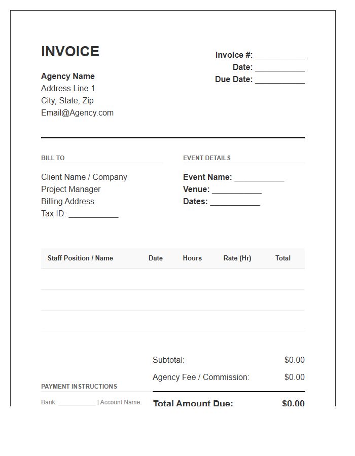 Event Management Hospitality Staffing Invoice Template