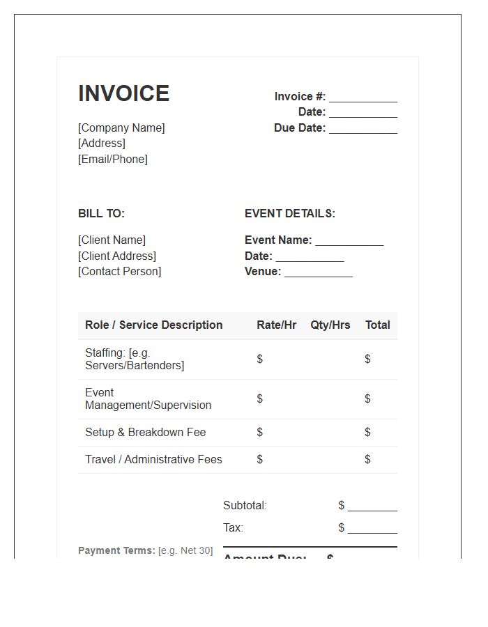 Event Staffing Hospitality Services Invoice Template