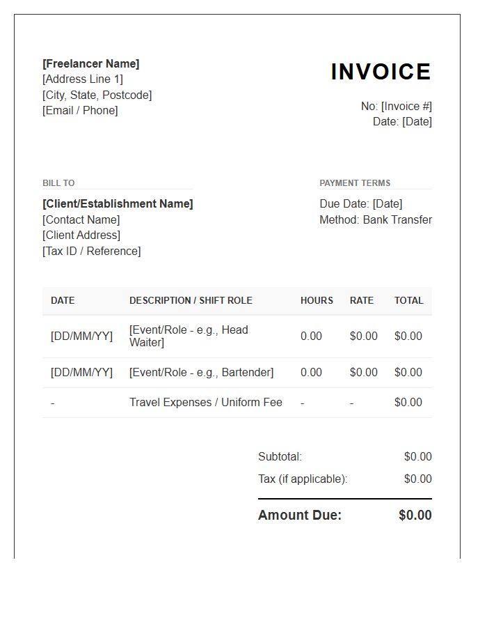 Freelance Hospitality Staff Invoice Template