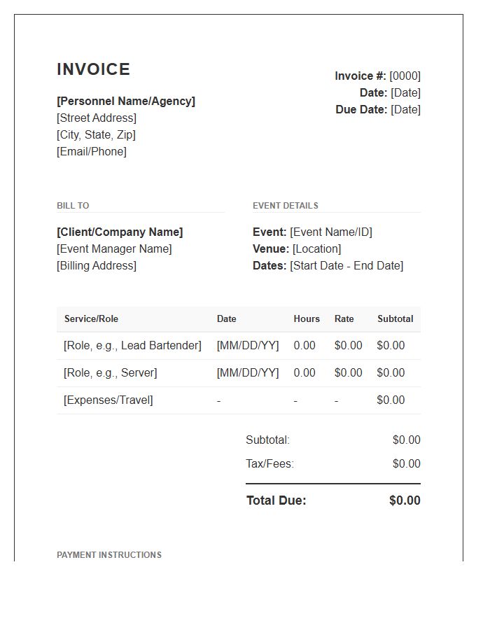 Hospitality Event Personnel Invoice Template