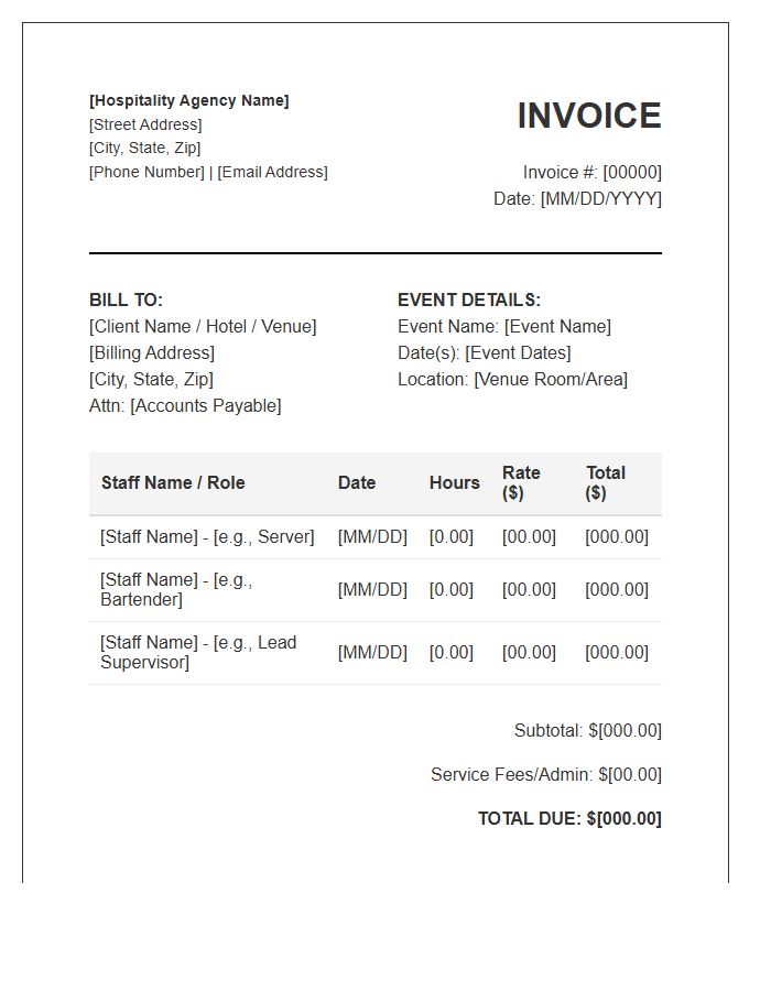 Hospitality Service Provider Staffing Invoice Template