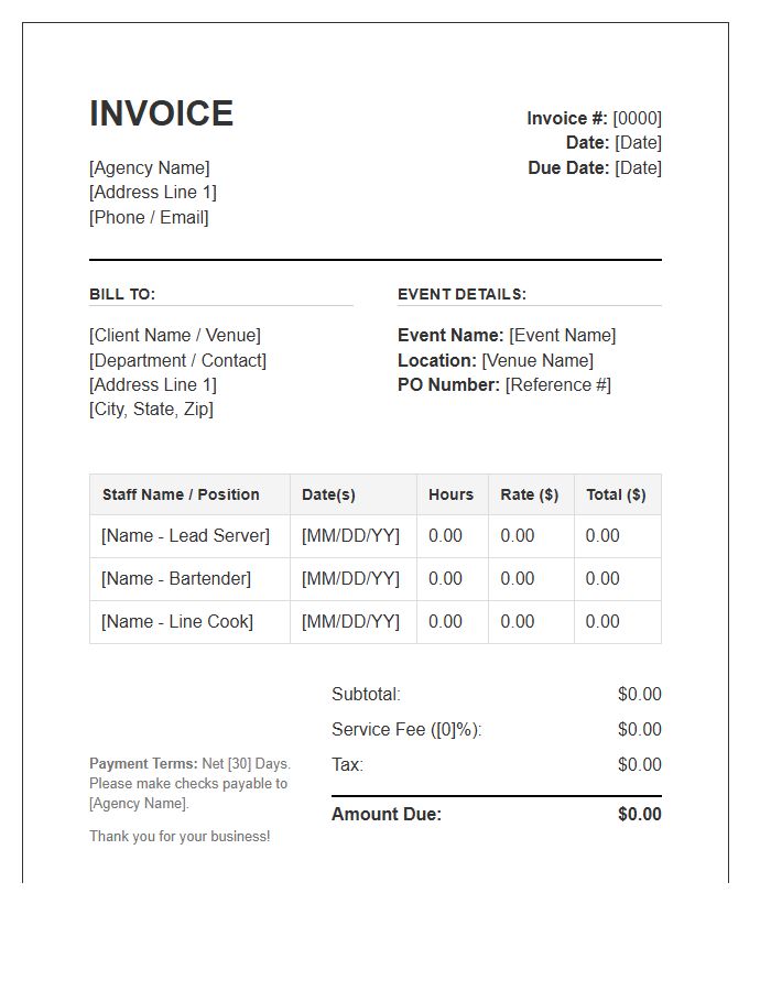 Hospitality Staffing Agency Billing Invoice Template