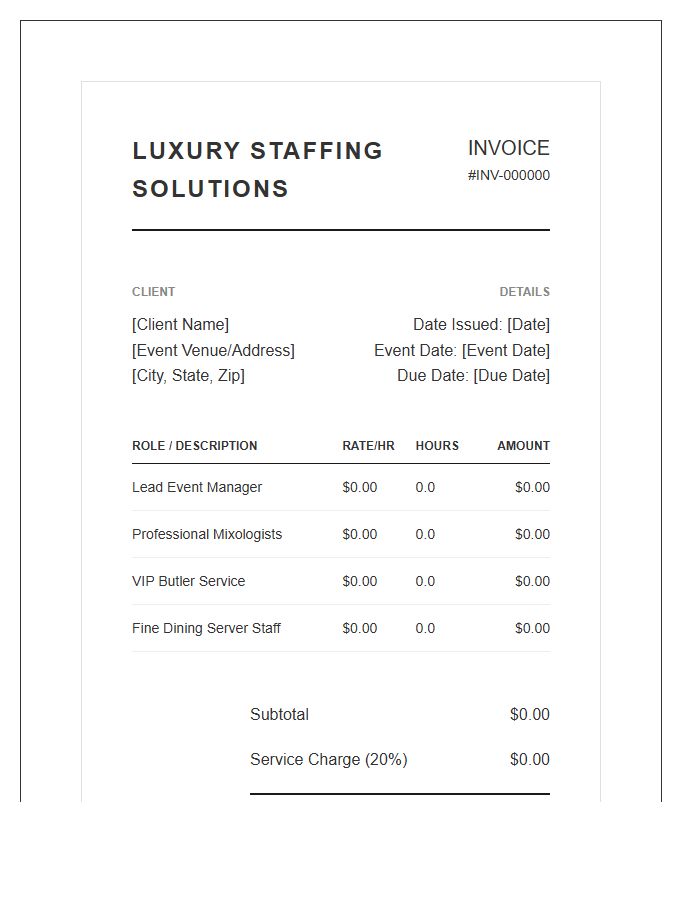 Luxury Hospitality Event Staffing Invoice Template