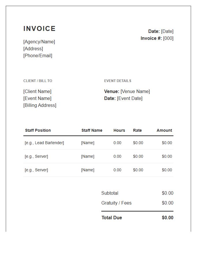 Private Event Hospitality Staffing Invoice Template