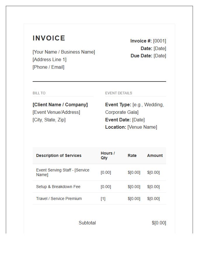 Professional Event Server Invoice Template