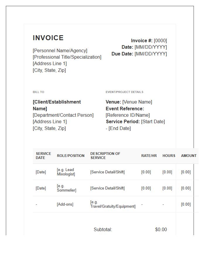 Specialized Hospitality Personnel Invoice Template