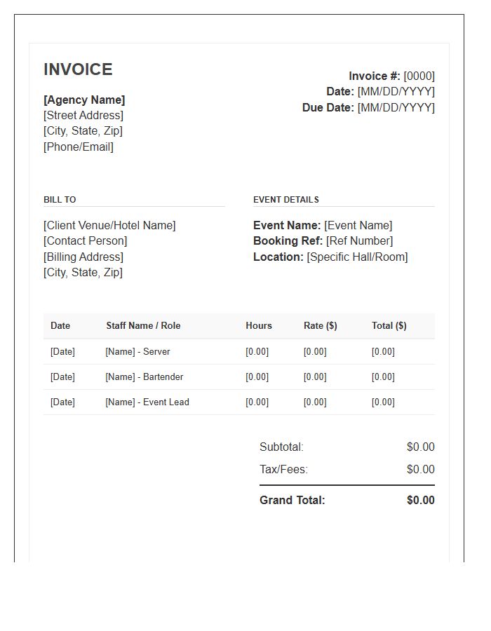 Temporary Hospitality Staffing Invoice Template