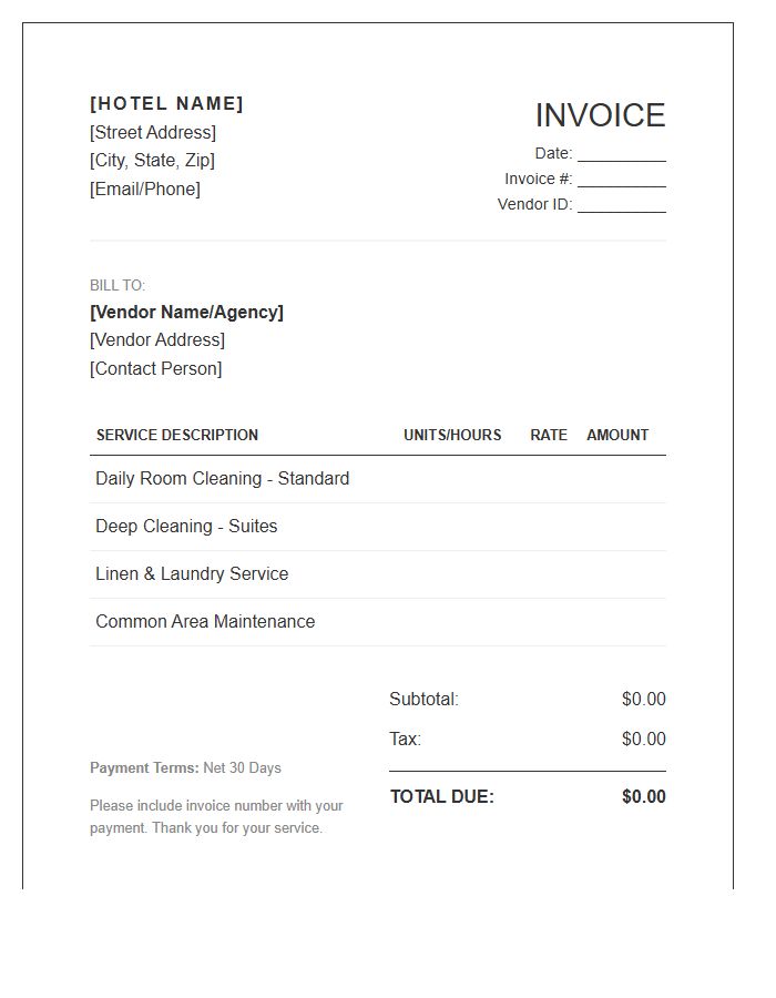 Boutique Hotel Housekeeping Vendor Invoice Template