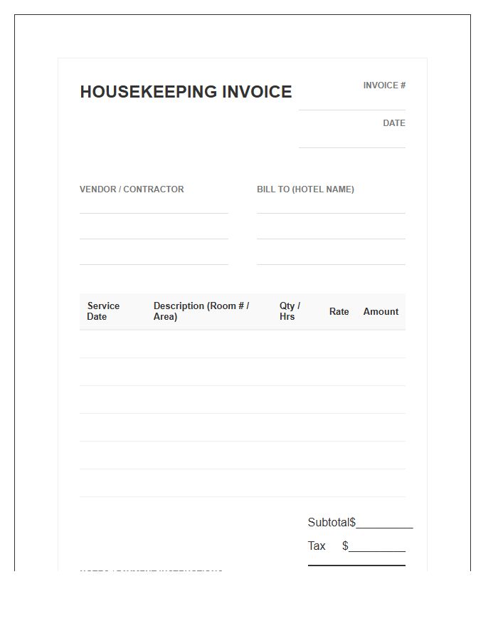 Contract Hotel Housekeeping Vendor Invoice Template