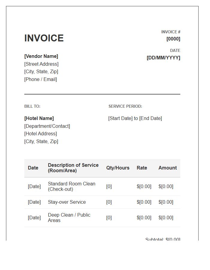 Daily Hotel Cleaning Vendor Invoice Template