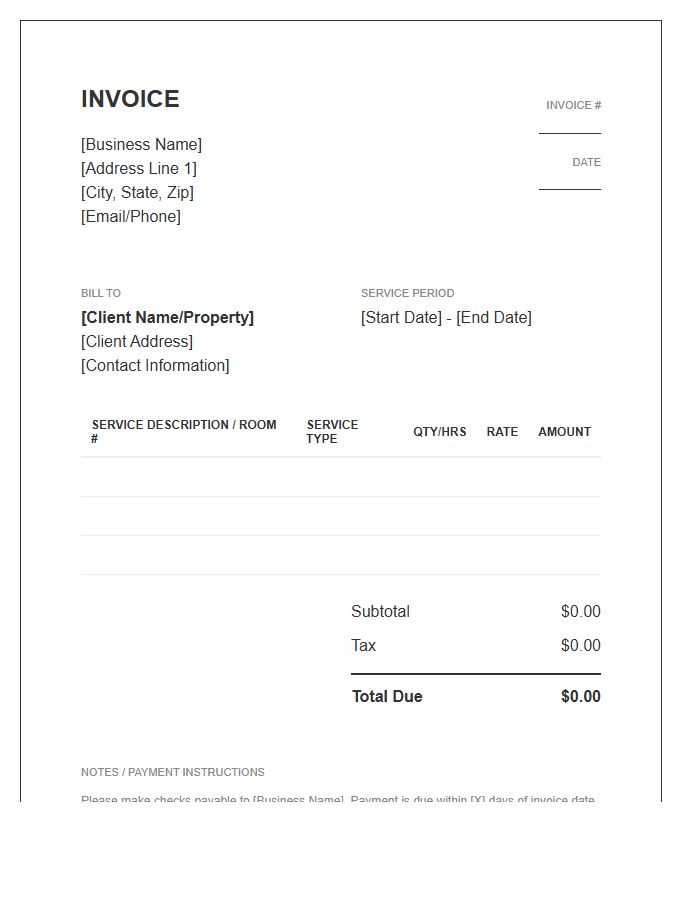 Hospitality Housekeeping Service Invoice Template