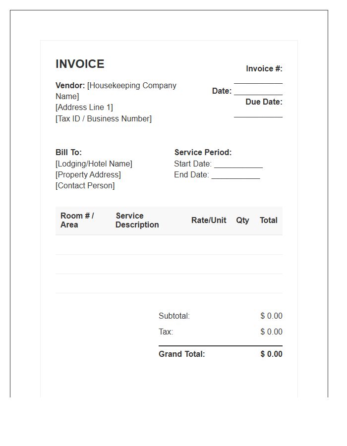 Lodging Housekeeping Vendor Billing Invoice Template