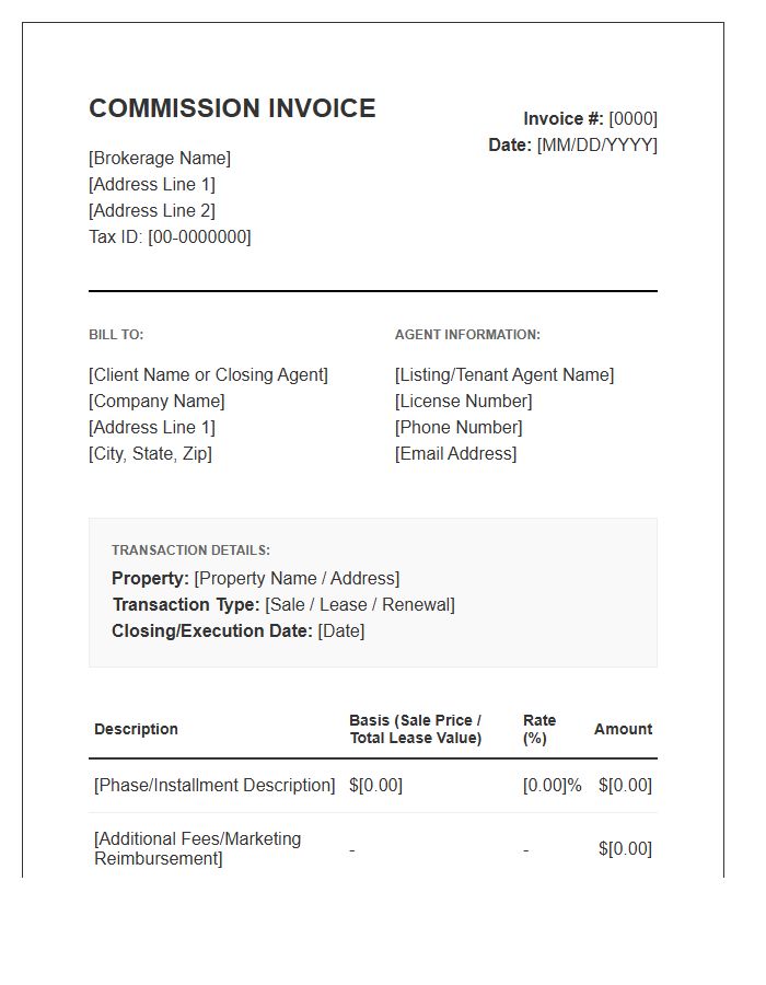 Commercial Real Estate Commission Invoice Template