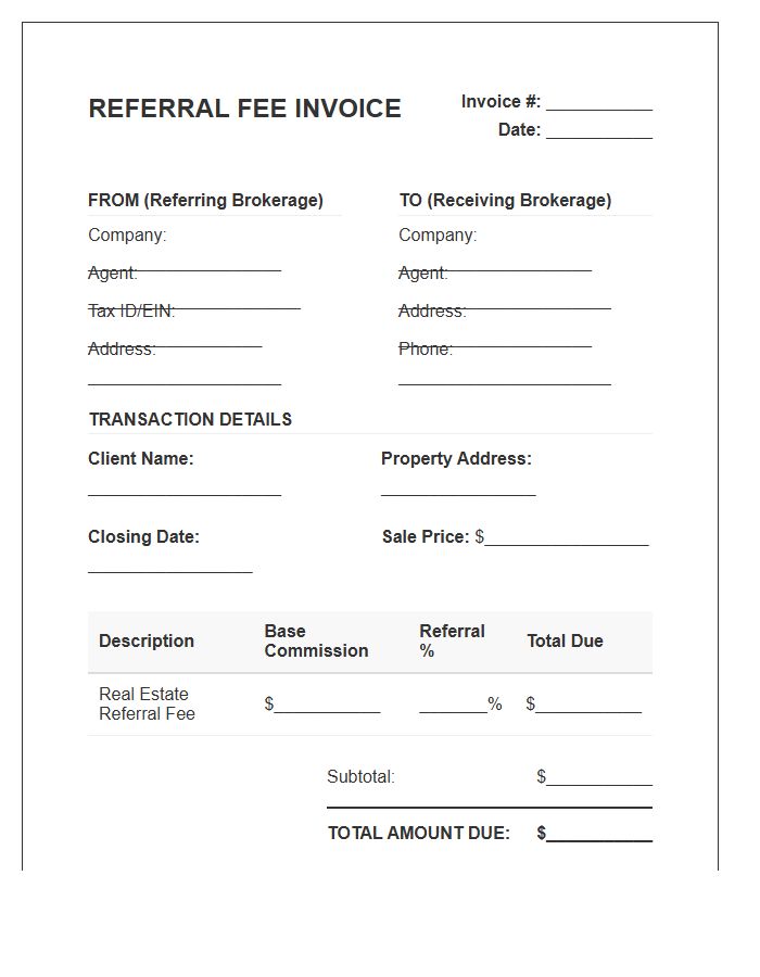 Real Estate Referral Fee Invoice Template