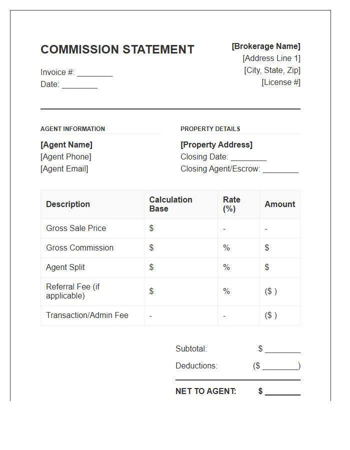 Realtor Commission Statement Invoice Template