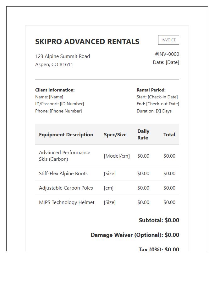 Advanced Ski Gear Rental Invoice Template