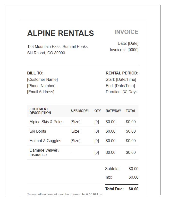 Alpine Ski Rental Billing Invoice Template