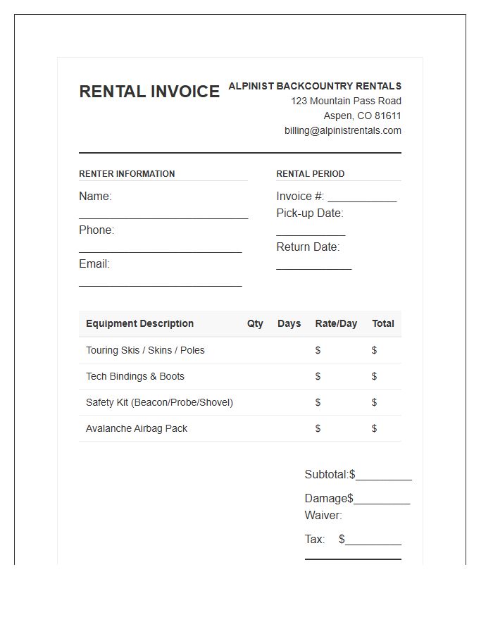 Backcountry Ski Gear Rental Invoice Template