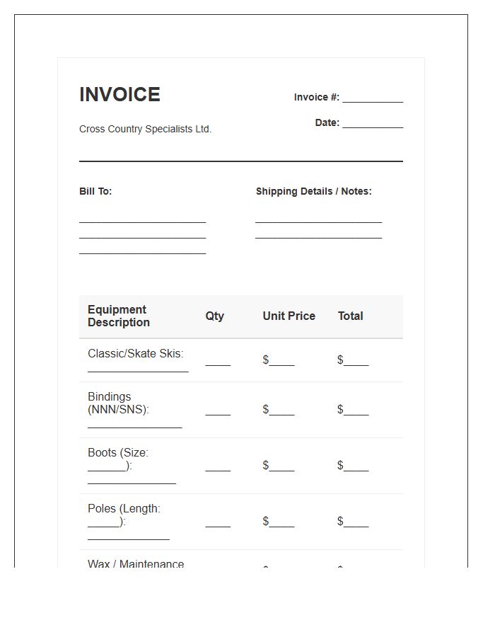 Cross Country Ski Equipment Invoice Template