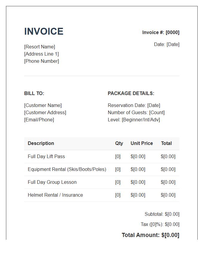 Full Day Ski Package Invoice Template