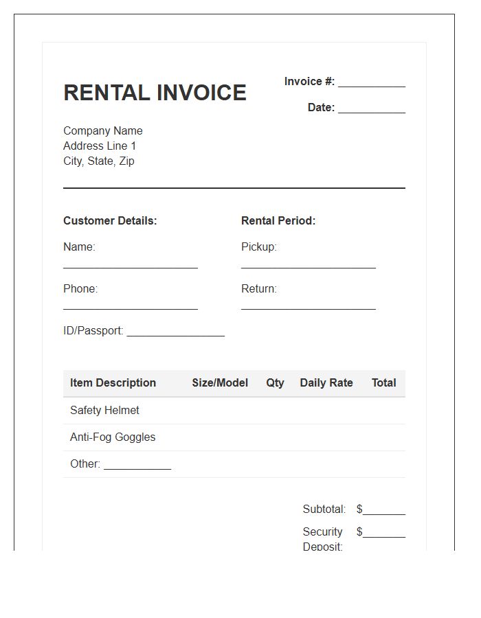 Helmet and Goggle Rental Invoice Template