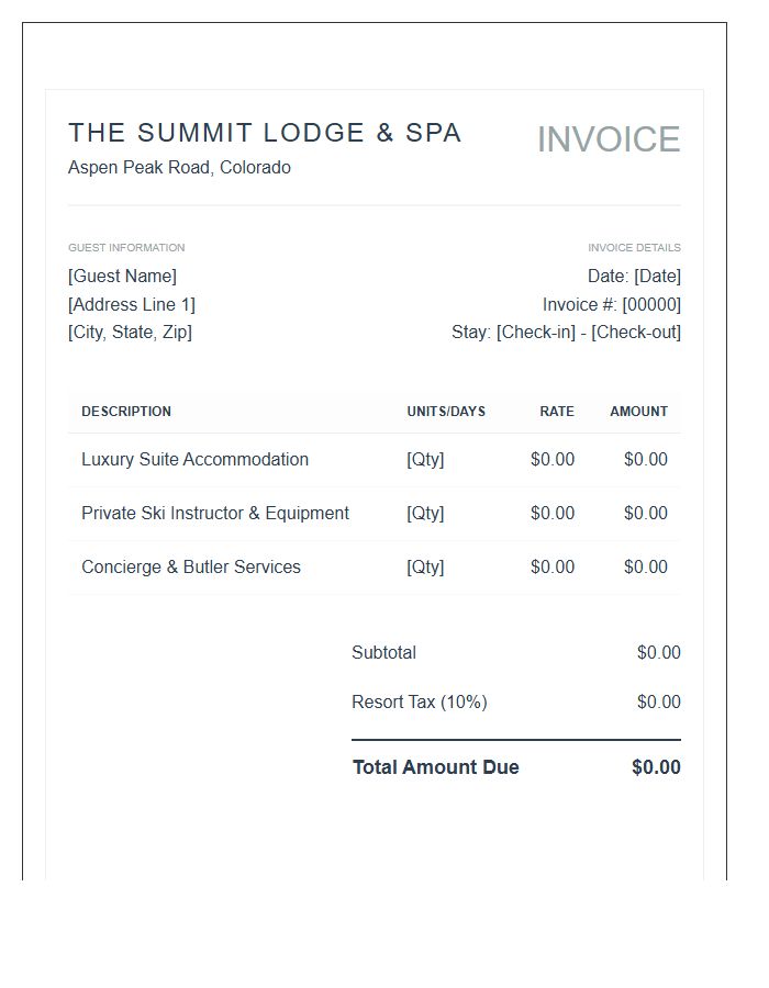 Luxury Ski Resort Rental Invoice Template