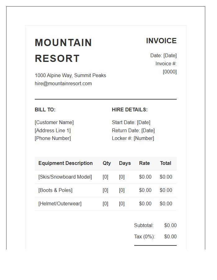 Mountain Resort Gear Hire Invoice Template
