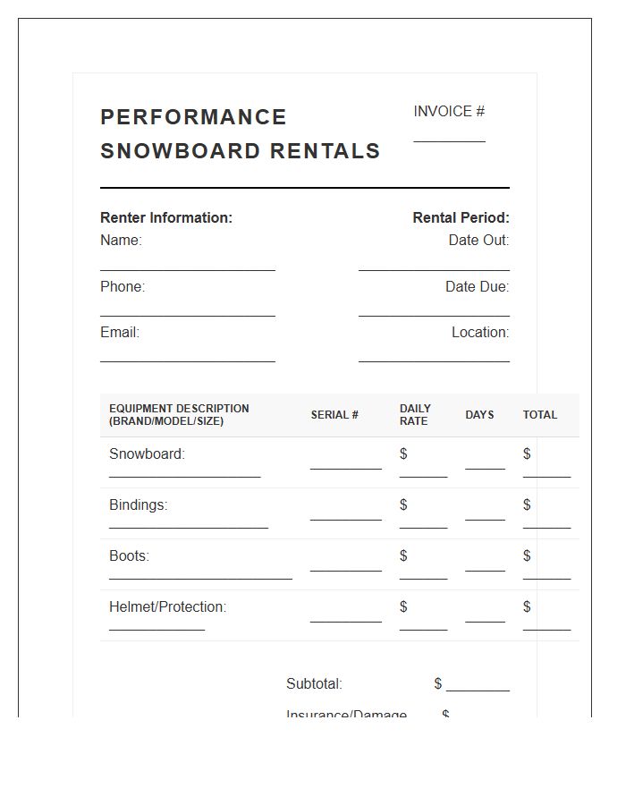Performance Snowboard Rental Invoice Template