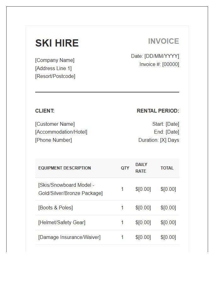 Professional Ski Hire Invoice Template