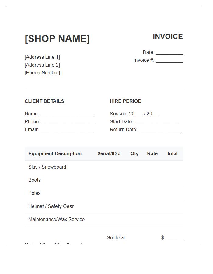 Seasonal Ski Equipment Hire Invoice Template